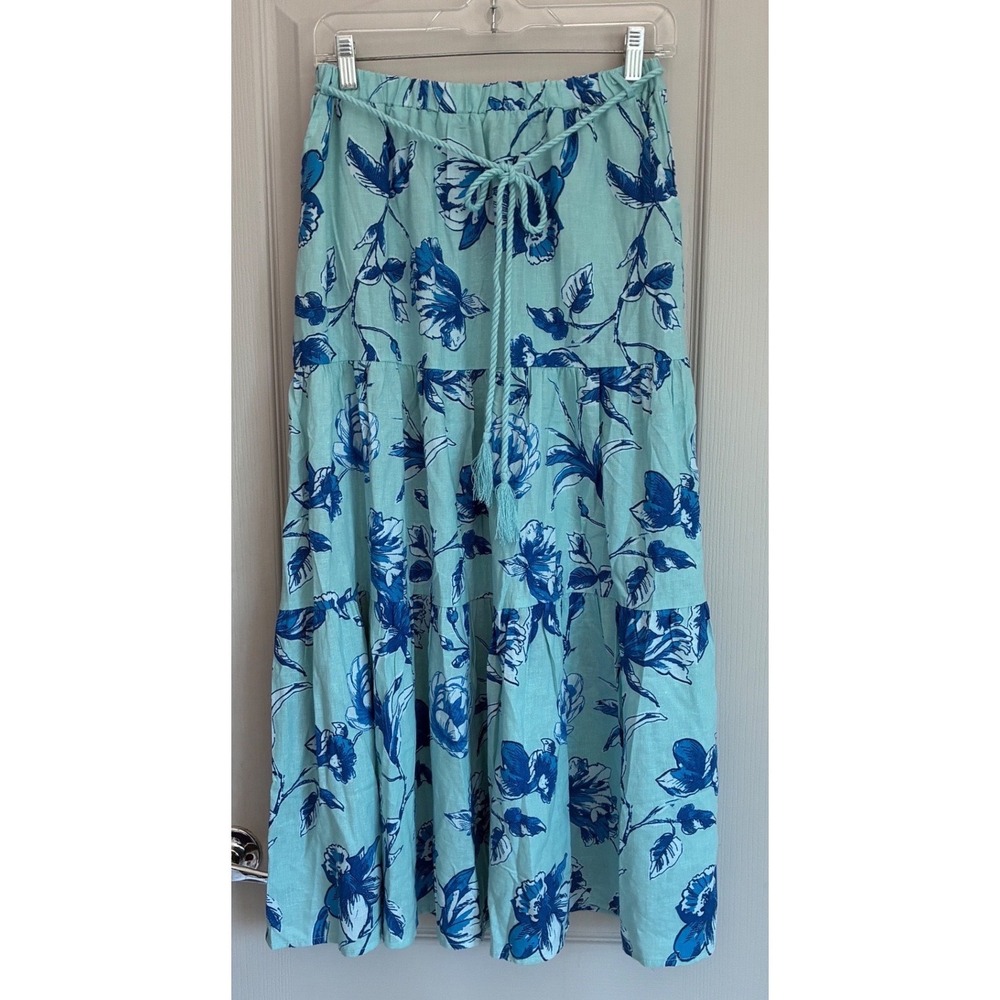 Cynthia Rowley Womens Blue Floral Linen Blend Tiered Maxi Skirt Size‎ S New